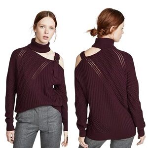 Jonathan Simkhai Strapped Wool Cable Knit Relaxed Turtleneck Asymmetric Sweater